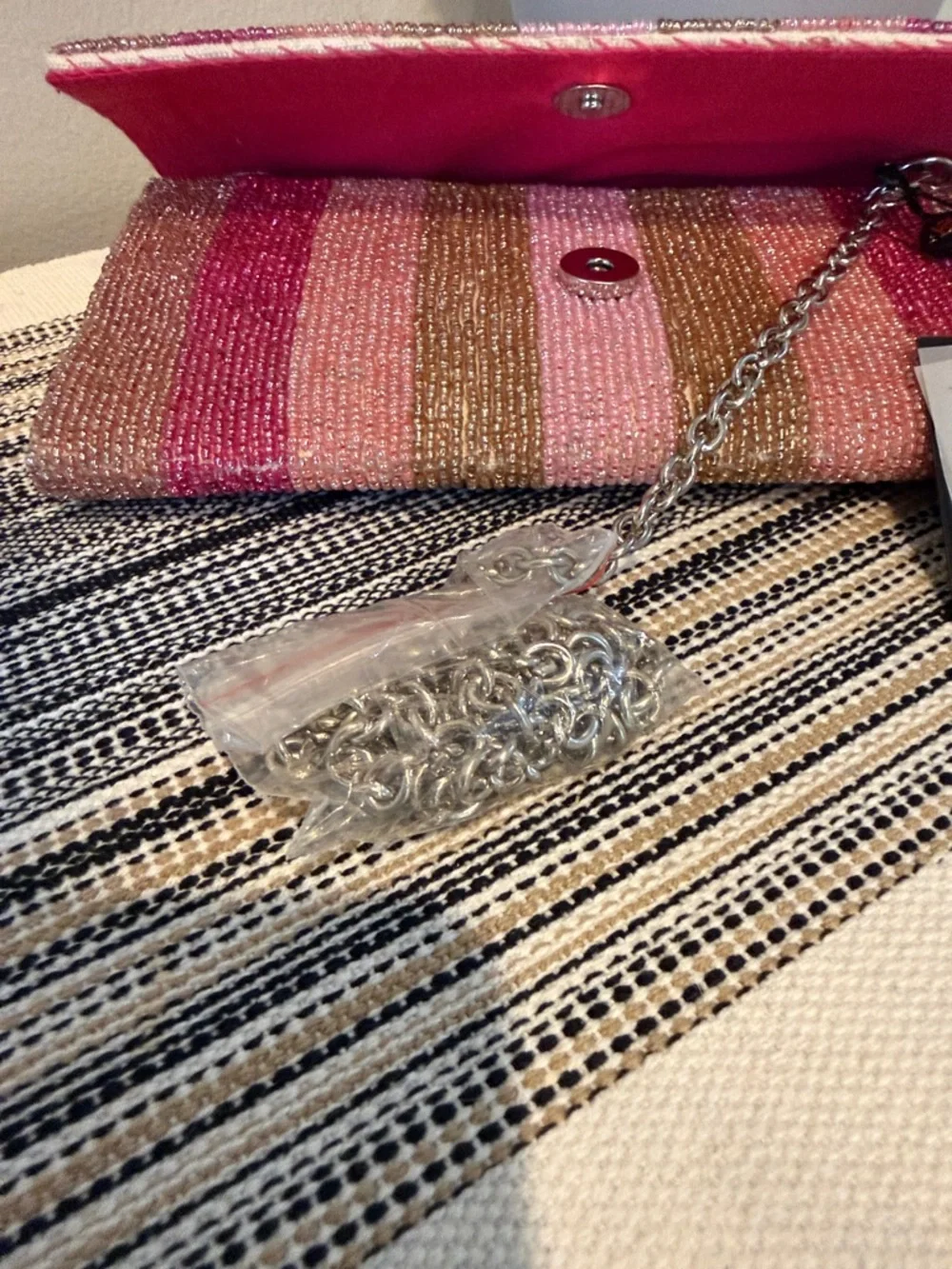 America & Beyond Beaded 'Rosé All Day' Clutch‎ Chain Purse Wine Pink Stripe NWT